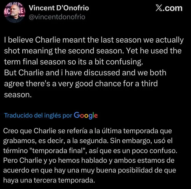  El actor, Vincent D'Onofrio, comentó que se trata de una malentendido, aunque no confirmó si la serie continuará. Foto: Captura de X   