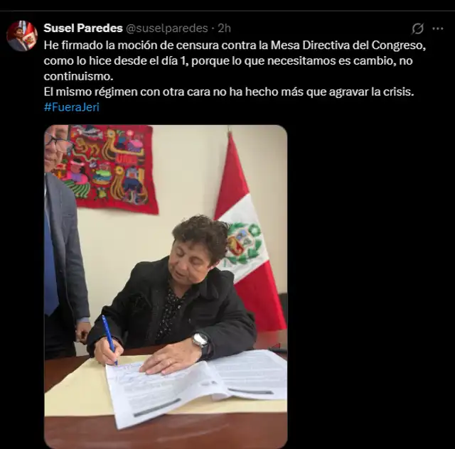 Susel Paredes se suma al rechazo contra el actual gobierno. Foto: Susel Paredes/X Susel Paredes se suma al rechazo contra el actual gobierno. Foto: Susel Paredes/X