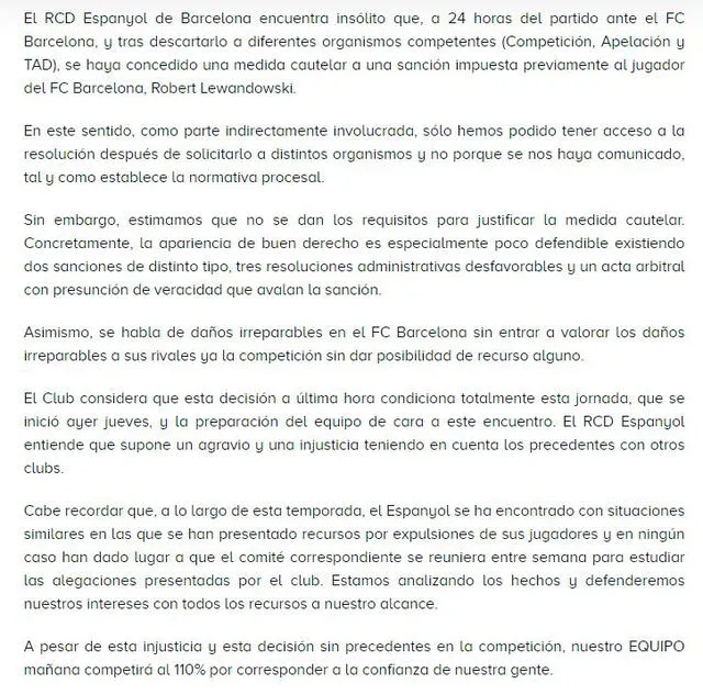 Comunicado oficial de los periquitos. Foto: Espanyol