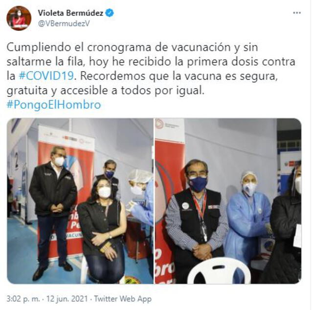 Violeta Bermúdez invocó a los ciudadanos a aceptar vacunarse contra la COVID-19. Foto: captura Twitter