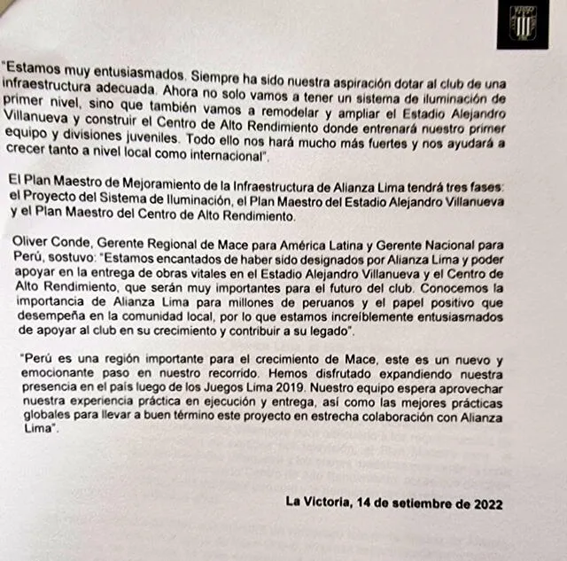 Segunda parte del comunicado de Alianza sobre la remodelación de Matute. Foto: Jose Varela/Twitter