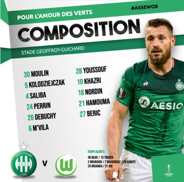 Saint Étienne vs Wolfsburgo: alineaciones de Los Verdes