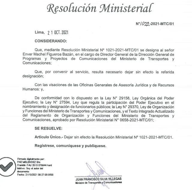 Resolución que dispone dejar sin efecto nombramiento de Enver Figueroa. Foto: captura de documento