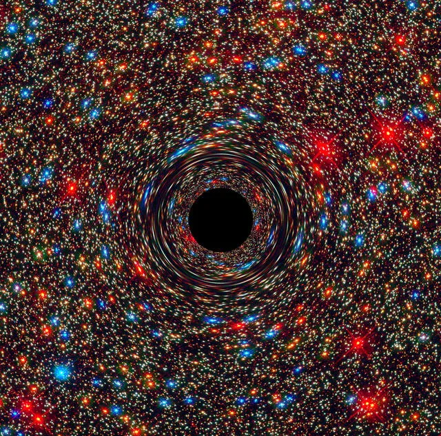 Representación artística de un agujero negro supermasivo en el centro de una galaxia. Foto: NASA / ESA /  D. Coe / J. Anderson / R. van der Marel (STScl)