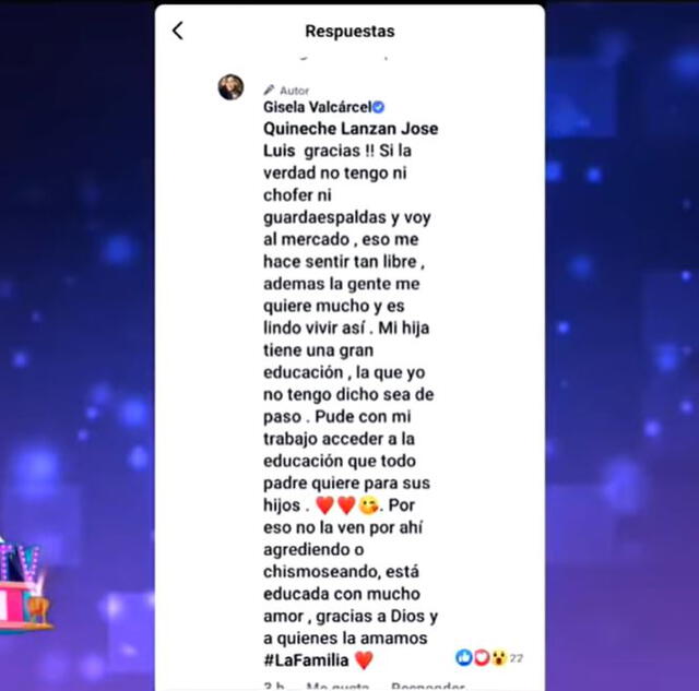 Gisela Valcárcel defiende a Ethel Pozo en Instagram