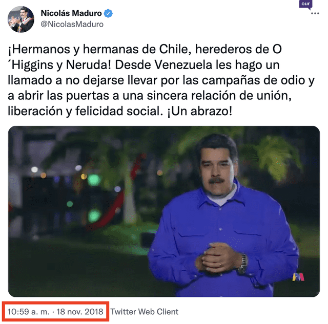 Publicación original, realizada por Maduro en noviembre de 2018. Foto: captura de Twitter / @NicolasMaduro