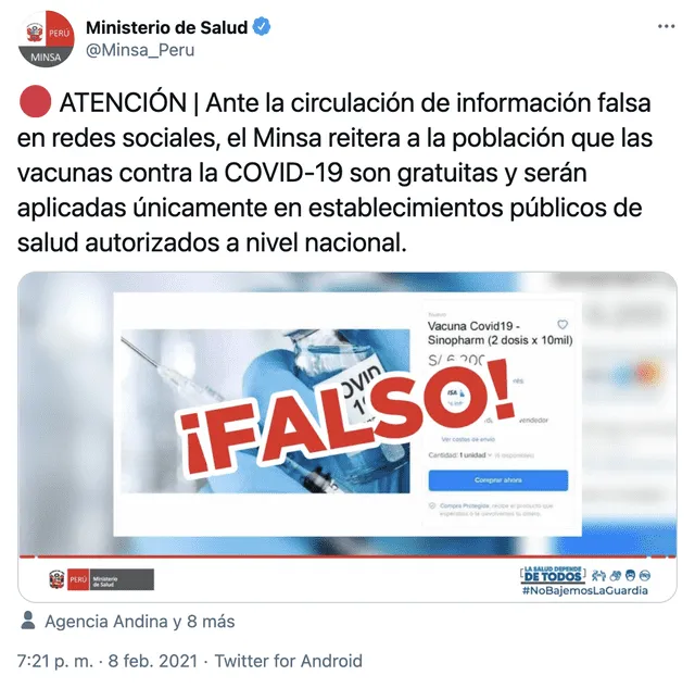 El Ministerio de Salud desmintió la supuesta venta de la vacuna. Foto: captura en Twitter / @Minsa_Peru