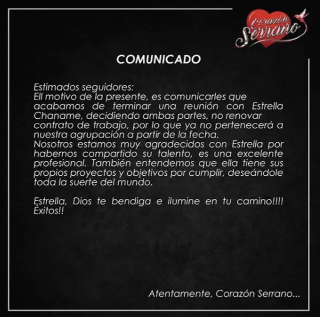 Comunicado de Corazón Serrano sobre la salida de Estrella Chanamé. Imagen: Facebook / Corazón Serrano