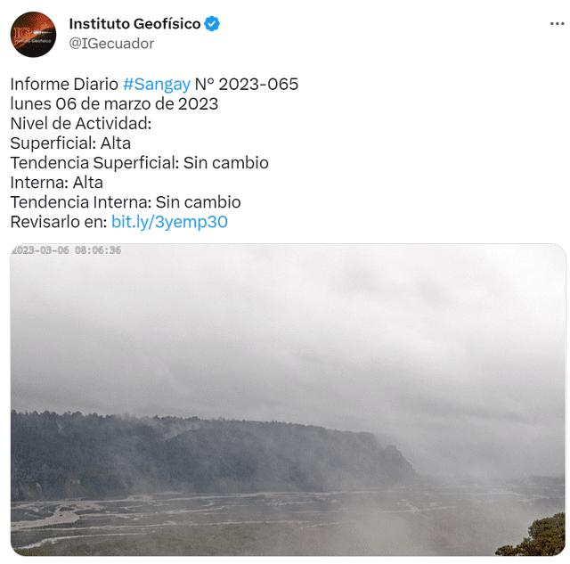 Último reporte del volcán Sangay. Foto: IGE