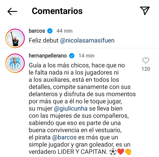  Hernán Pellerano elogia a Hernán Barcos. Foto: Instagram.   