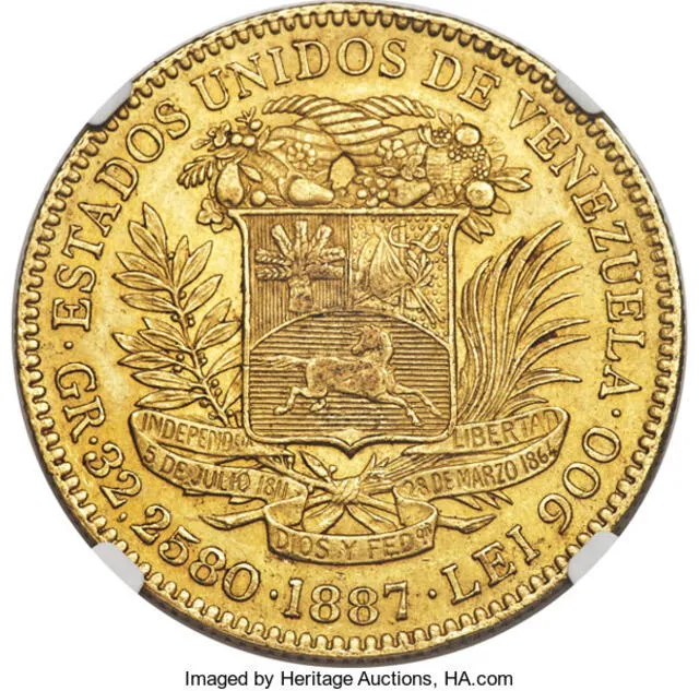 Reverso de la moneda de 100 bolívares de 1887. Foto: Heritage Auctions   