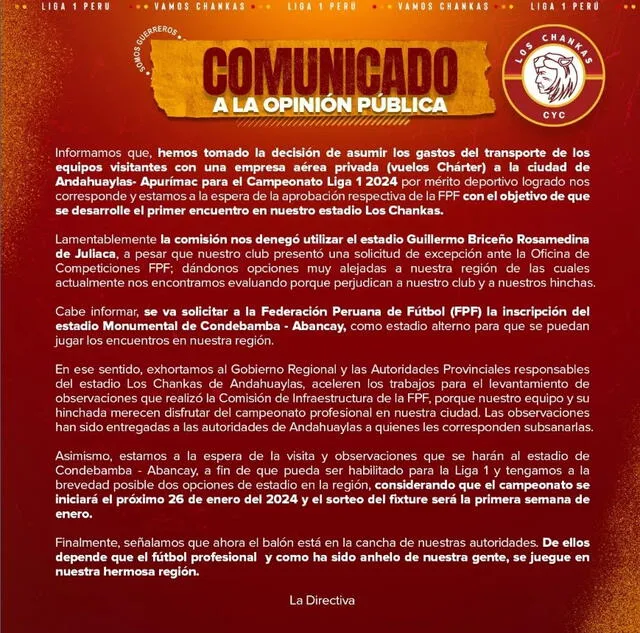 Comunicado del club de Apurímac. Foto: Los Chankas   