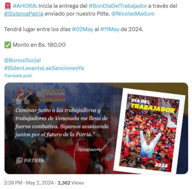 Nicolás Maduro | Venezuela | Bonos Protectores Social al Pueblo | Sistema Patria
