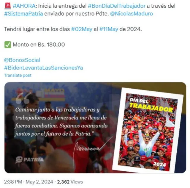 Anuncio del Bono del Día del Trabajador 2024 en Venezuela. Foto: Canal Patria Digital   