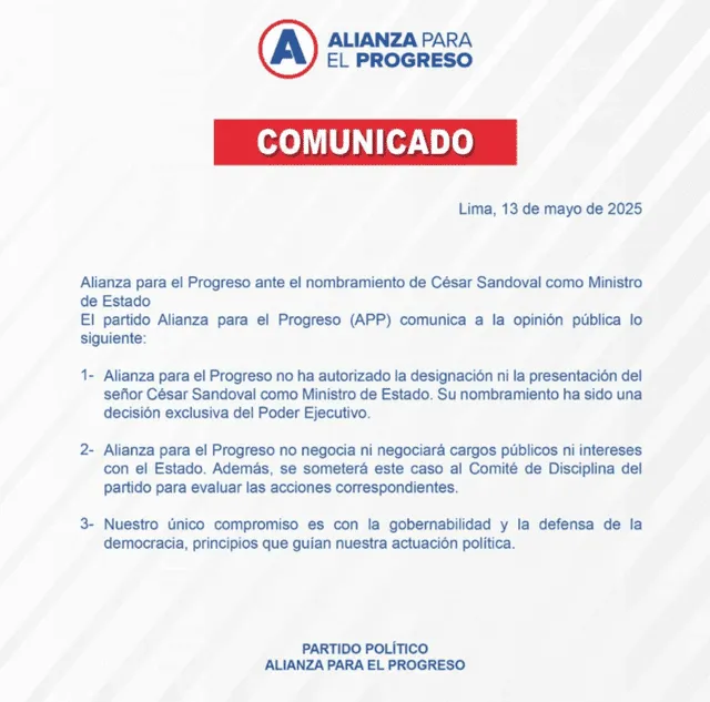 Comunicado de APP sobre César Sandoval Pozo, nuevo ministro de Transportes.