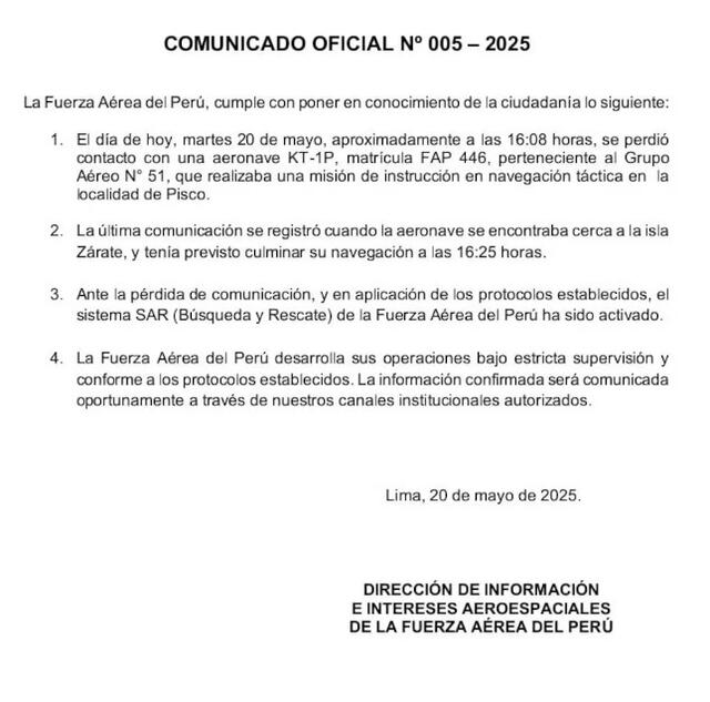 Comunicado de la Fuerza Aérea del Perú   