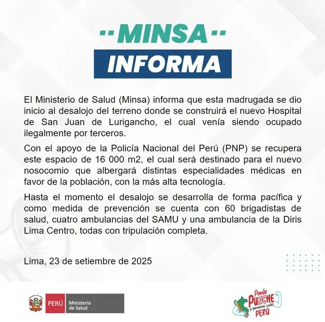 Minsa inicia desalojo de terreno en San Juan de Lurigancho. Foto: Minsa   
