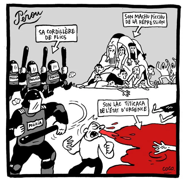 Ilustración de medio francés Libération, sobre manifestaciones en Perú. Foto: @libe/Twitter