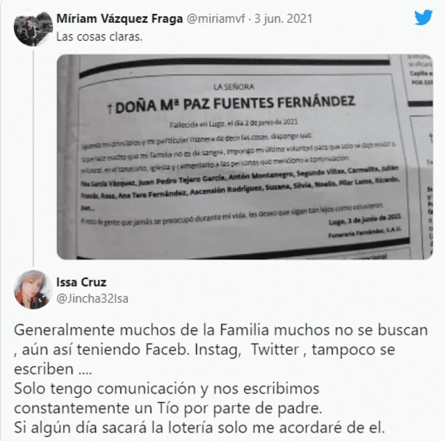 El tuit con el obituario de Doña María Paz, quien falleció en Lugo, España. Foto: Twitter.