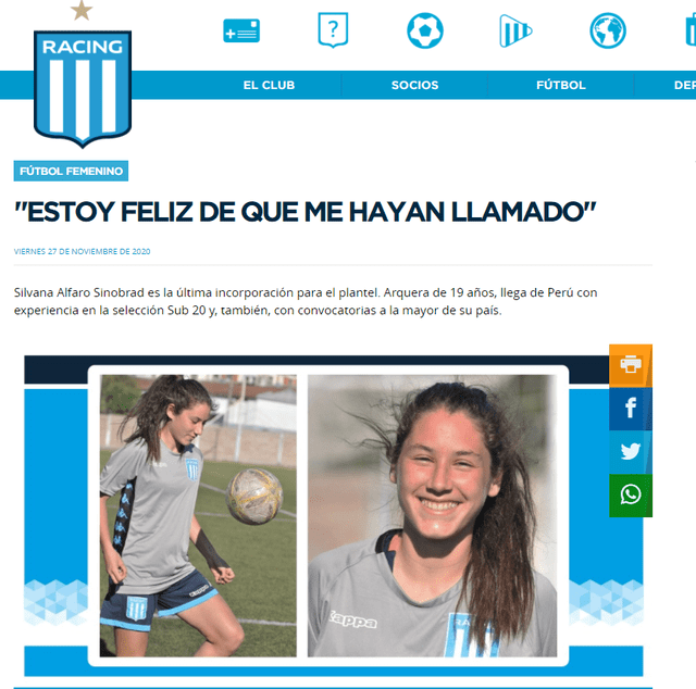 Silvana Alfaro, nueva jugador de Racing Club