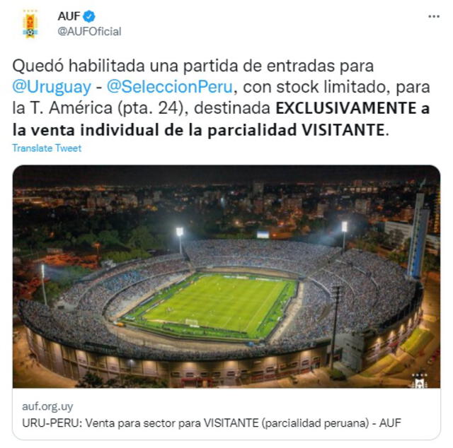 Publicación AUF sobre entradas Perú vs. Uruguay. Foto: captura Twitter
