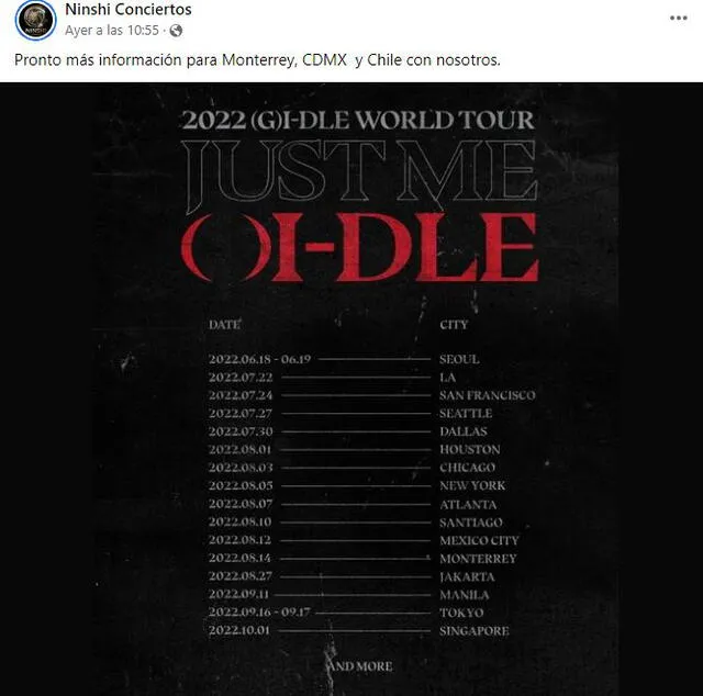 Productora Ninshi Conciertos organizará los shows de (G)I-DLE en México y Chile. Foto: captura Facebook