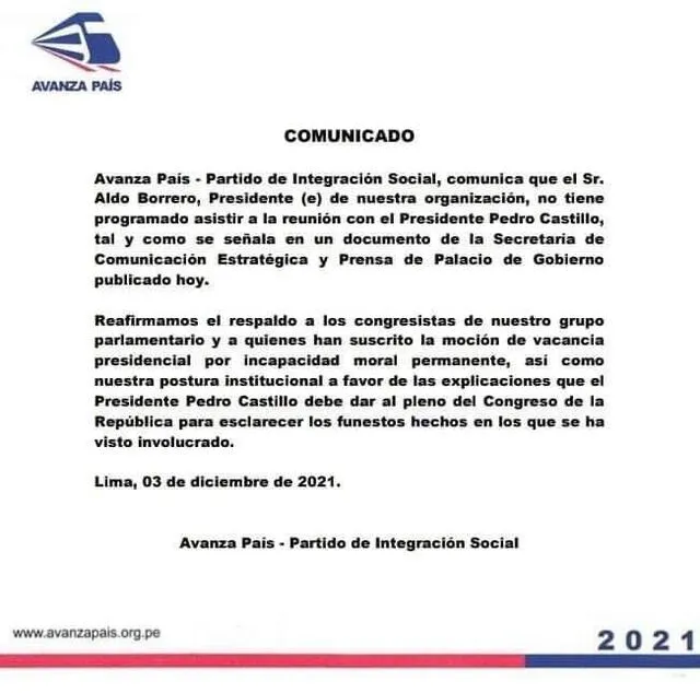 Avanza País comunica oficialmente que no se reunirá con el presidente Pedro Castillo. Foto: Twitter.