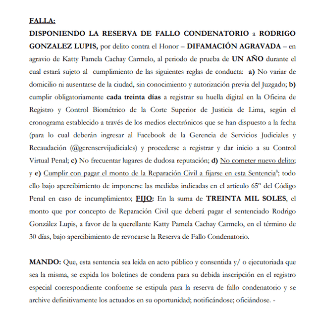  Sentencia de Rodrigo González. Foto: Corte Superior de Justicia de Lima    