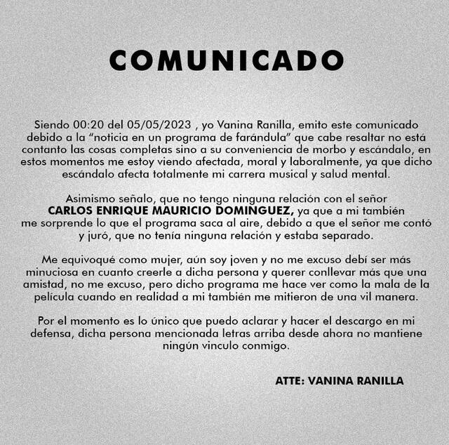  Comunicado Vanina Ranilla. Foto: Instagram/ Vanina Ranilla    