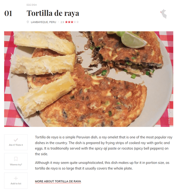  Lamentablemente para los lambayecanos, la tortilla de raya continúa siendo el peor plato del Perú, según Taste Atlas. Foto: Taste Atlas 