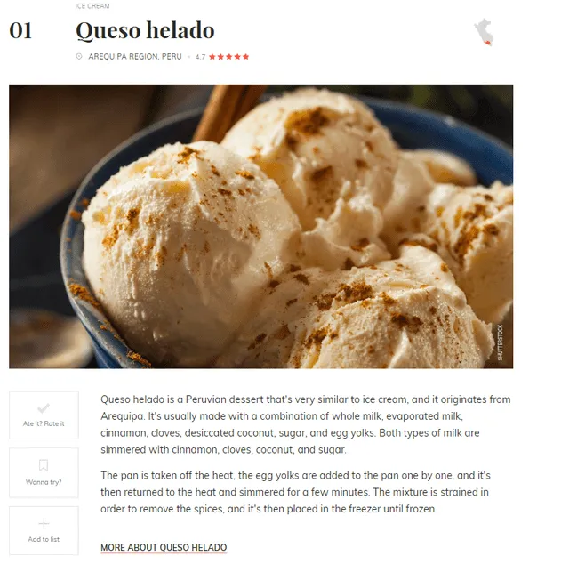  La entrada del queso helado de Arequipa en el ranking de Taste Atlas. Foto: Taste Atlas   