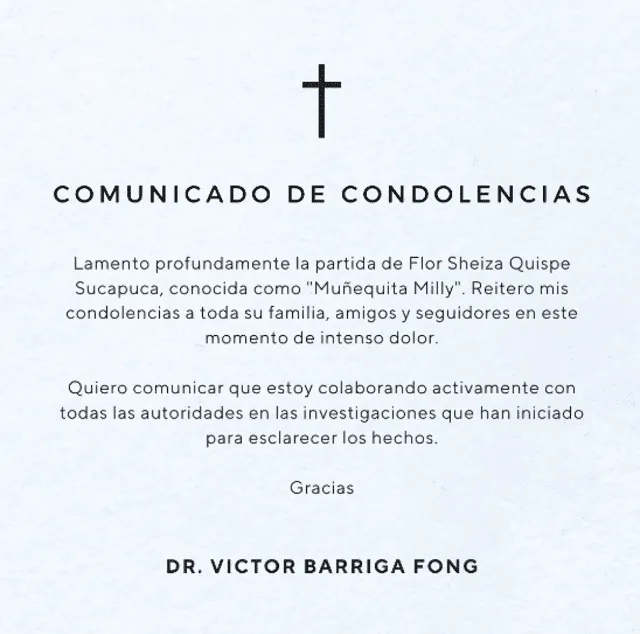  Víctor Fong envía condolencias a familia de Muñequita Milly. Foto: Difusión   