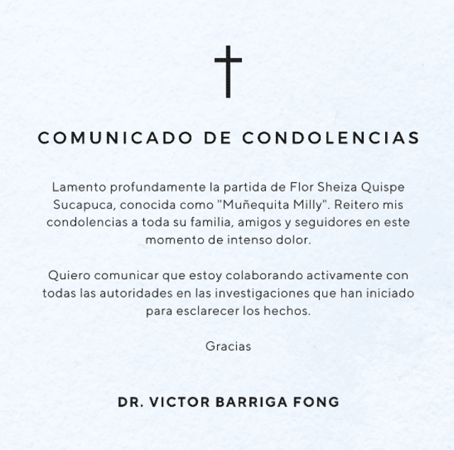  Victor Fong envía condolencias a familia de Muñequita Milly. Foto: Instagram/Dr Fong  