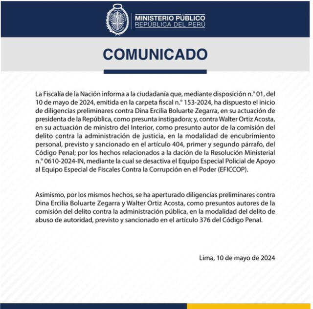 Comunicado de la Fiscalía sobre investigación a Boluarte y al ministro del Interior. Foto: Ministerio Público   