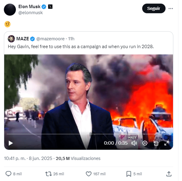 Elon Musk reacciona a un tweet sobre posible candidatura presidencial de Gavin Newsom. Elon Musk reacciona a un tweet sobre posible candidatura presidencial de Gavin Newsom.