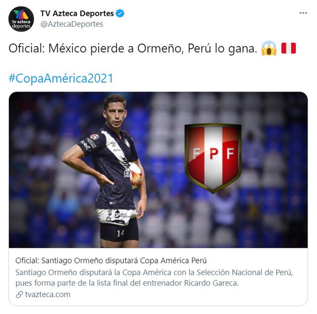 La publicación de TV Azteca Deportes de México sobre la convocatoria de Santiago Ormeño. Foto: captura difusión