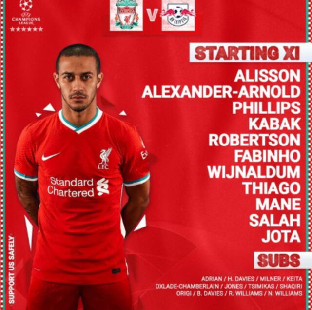 Formación oficial del Liverpool contra Leipzig. Foto: Liverpool FC