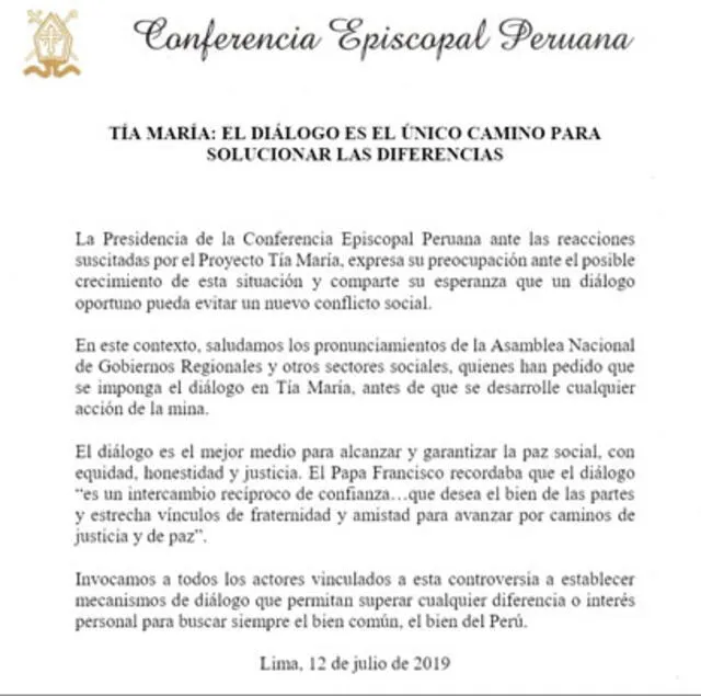 Conferencia Episcopal Peruana se pronunció sobre conflicto minero en Tía María. Créditos: Difusión.