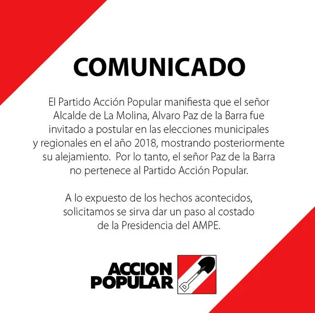 Comunicación sobre Álvaro Paz de la Barra. Foto: Twitter/AcciónPopular