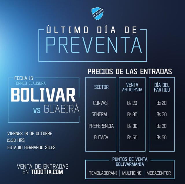 Bolívar vs. Guabirá: precio de entradas.