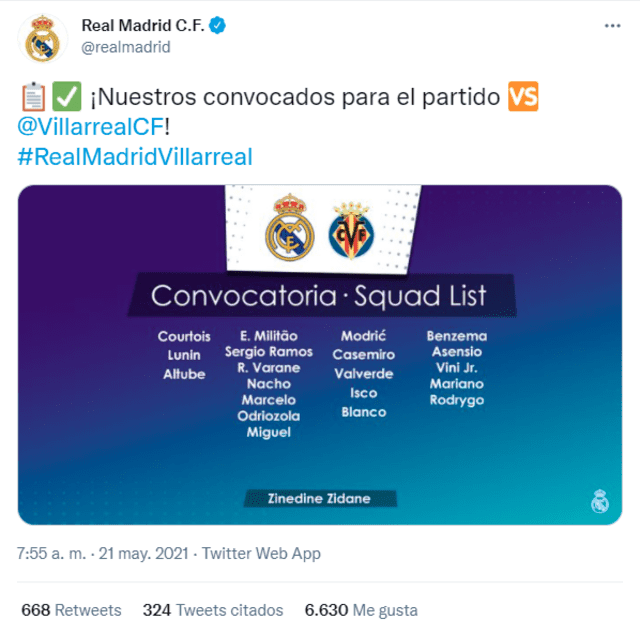 Lista de convocados de Real Madrid. Foto: Captura de Twitter