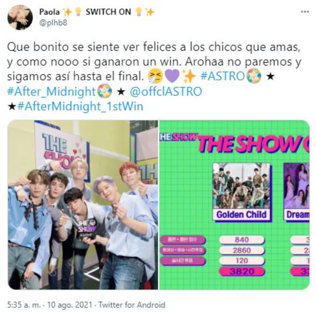 AROHA festeja el triunfo de ASTRO con "After midnight". Foto: Twitter