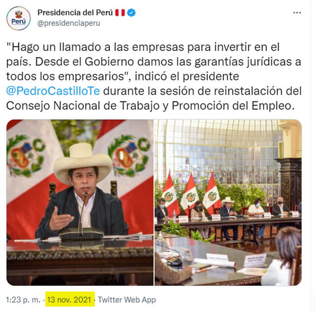 Fotografía de Pedro Castillo. Foto: captura en Twitter / Presidencia del Perú.