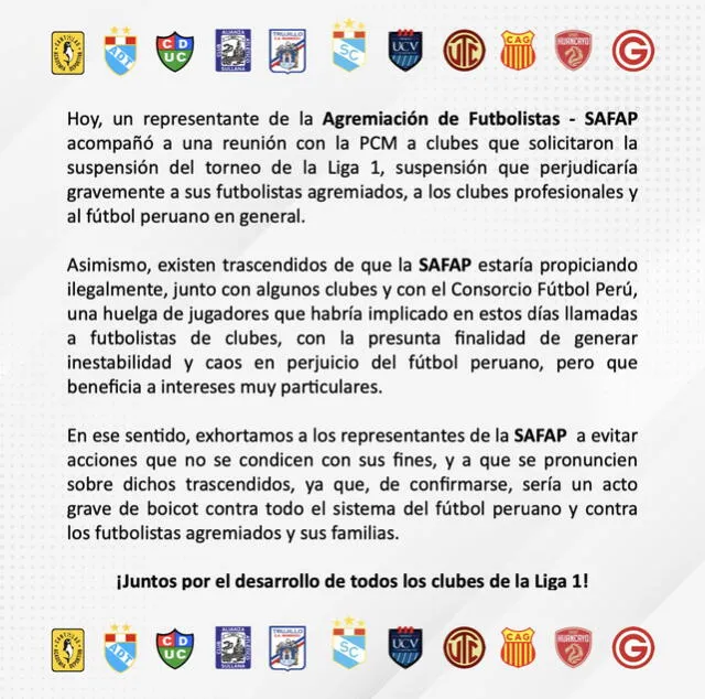 Mensaje conjunto de Cristal y otros 10 clubes. Foto: Sporting Cristal   