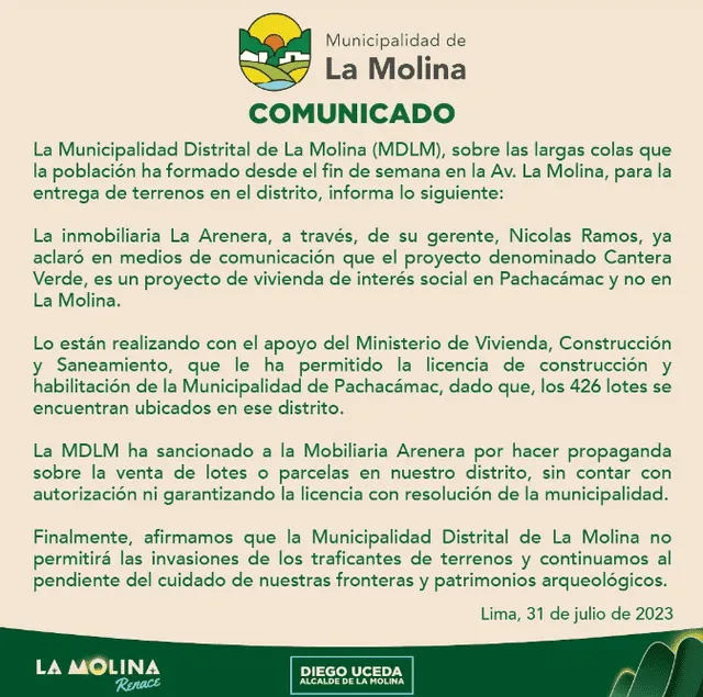 Municipalidad de La Molina se pronuncia tras presunto ofrecimiento de lotes.   