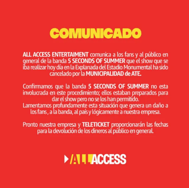 Comunicado oficial. Foto: Instagram/All Access Perú 