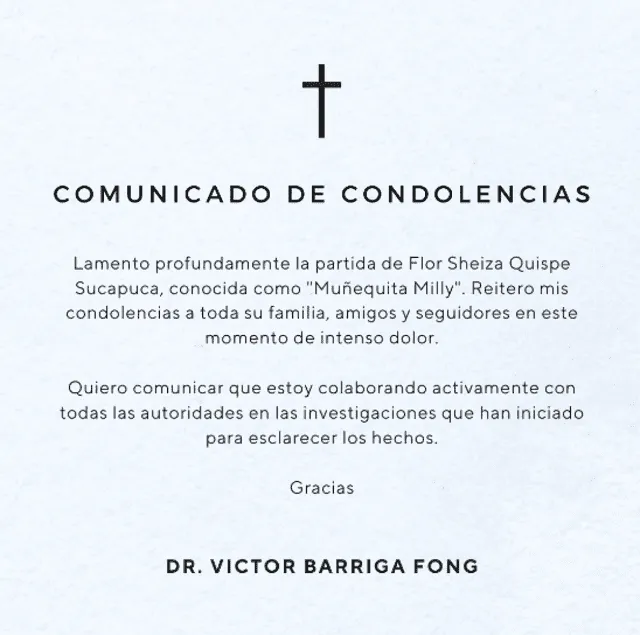  Víctor Fong envía condolencias a familia de Muñequita Milly. Foto: Víctor Fong/Instagram   