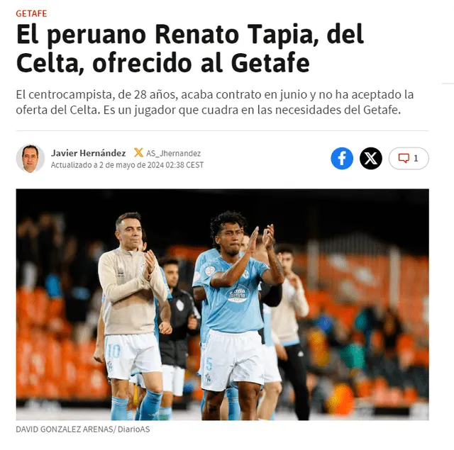 Renato Tapia podría mudarse al Getafe. Foto: captura de Diario AS   