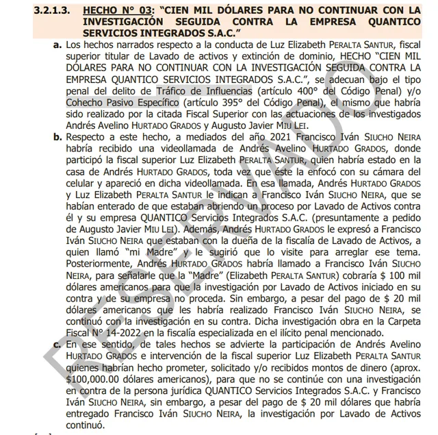  Parte de la resolución de allanamiento contra Elizabeth Peralta, Augusto Miu Lei y Andrés Hurtado.   