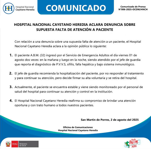 Pronunciamiento del Hospital Cayetano Heredia sobre lo sucedido. Foto: Difusión Pronunciamiento del Hospital Cayetano Heredia sobre lo sucedido. Foto: Difusión